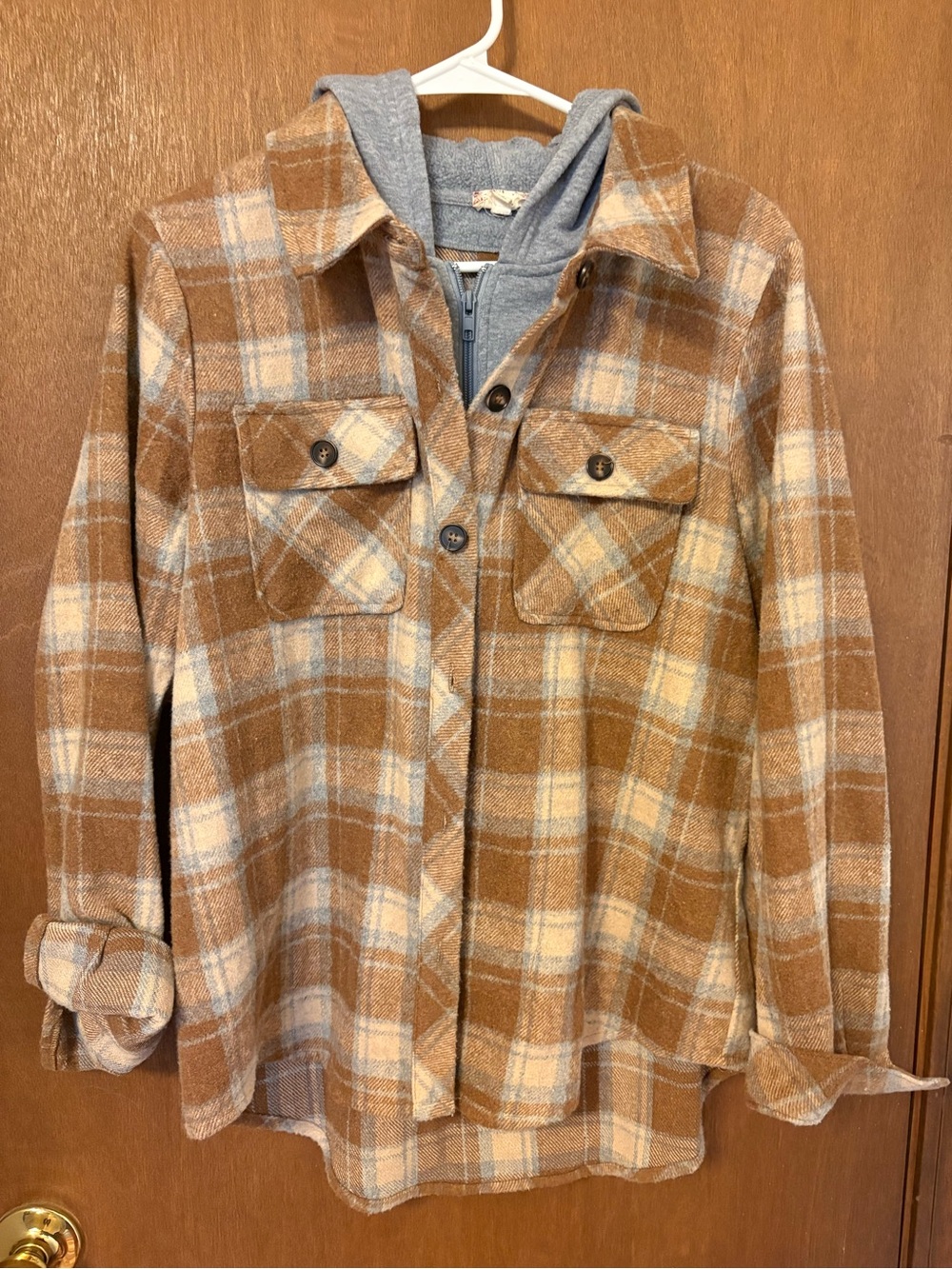 Brown Plaid Varsity Shacket with Grey Hood